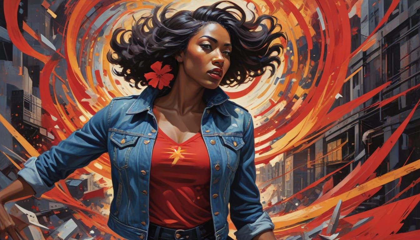 Determined Figure Defies Oppression in Geometric Vortex