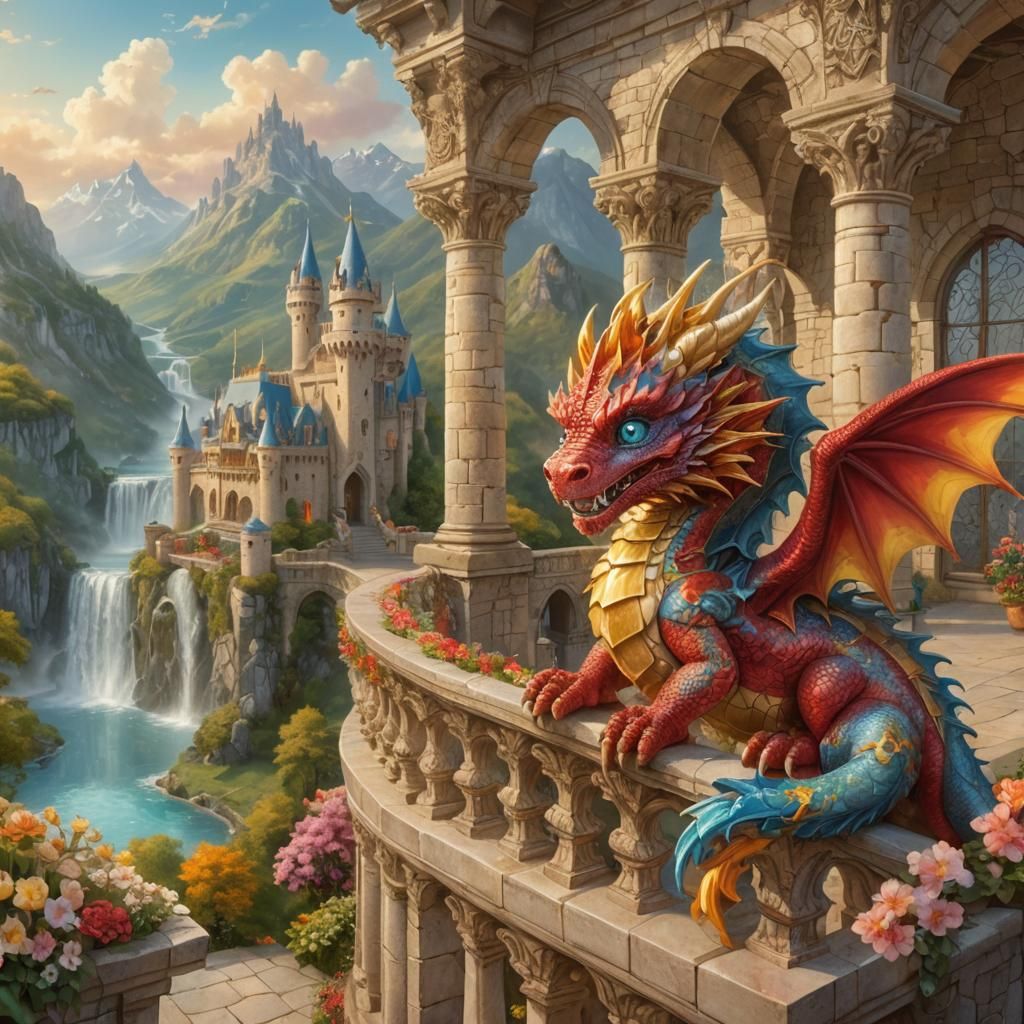 Detailed Red and Gold Dragon on Castle Balcony