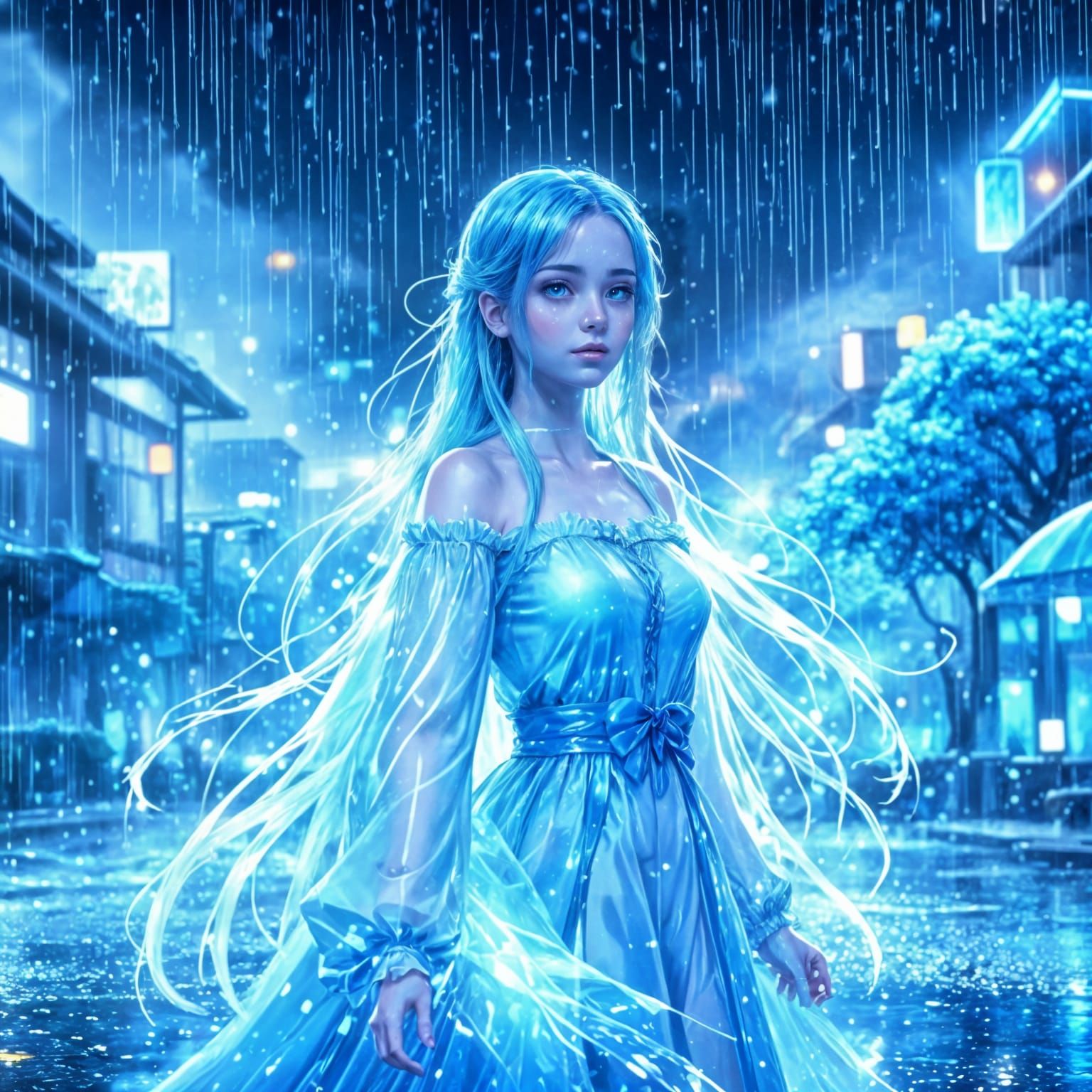 glowing hologram of water sculpture girl with long glass hai...