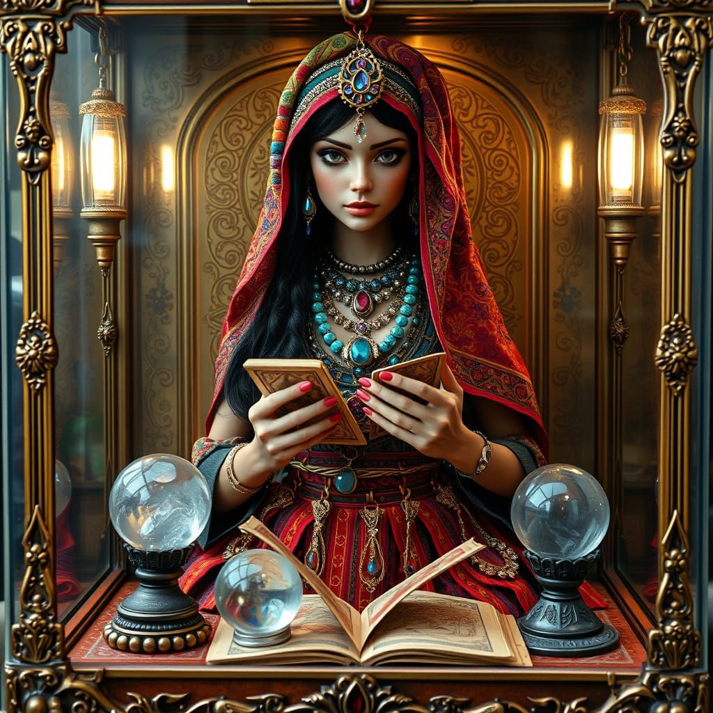 Elegant Tarot Automaton Gypsy Woman in Ornate Glass Cabinet