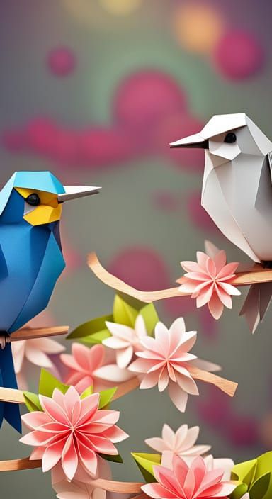 Colorful Origami Birds on Branch Papercraft