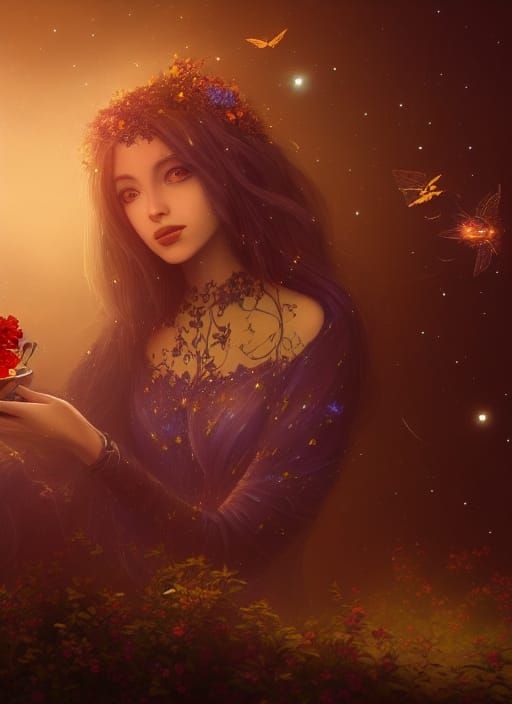 Enchanted Portrait with Fireflies and Constellations