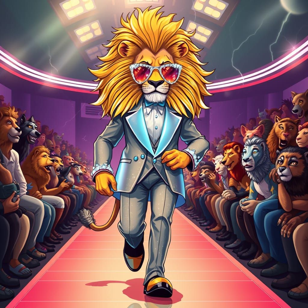 Majestic Lion Struts Down Futuristic Runway in Glittering Ho...