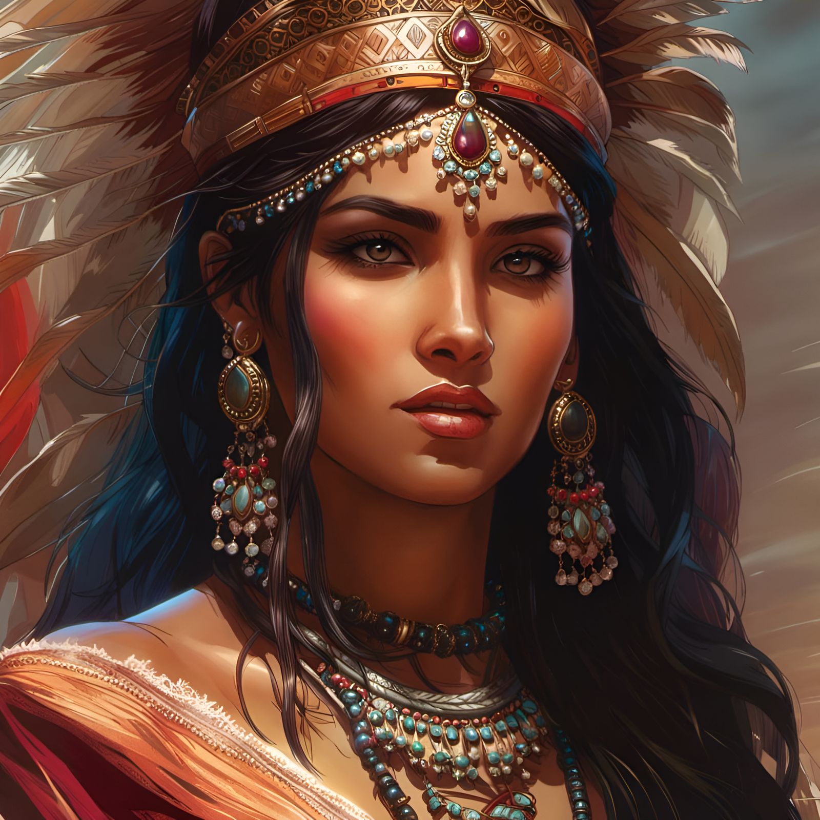 Detailed Portrait of Indian Princess in Art Nouveau Style