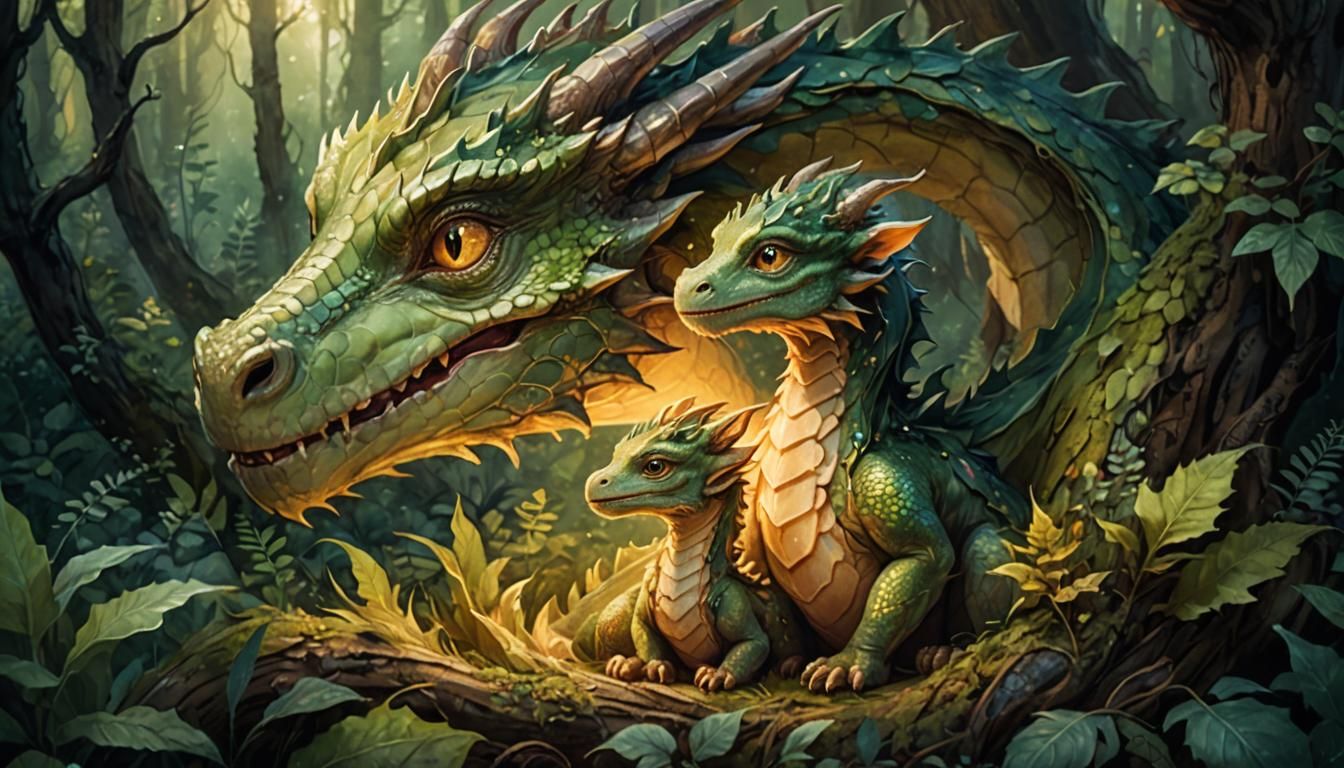 Baby Dragon Snuggles Mother in Mystical Forest