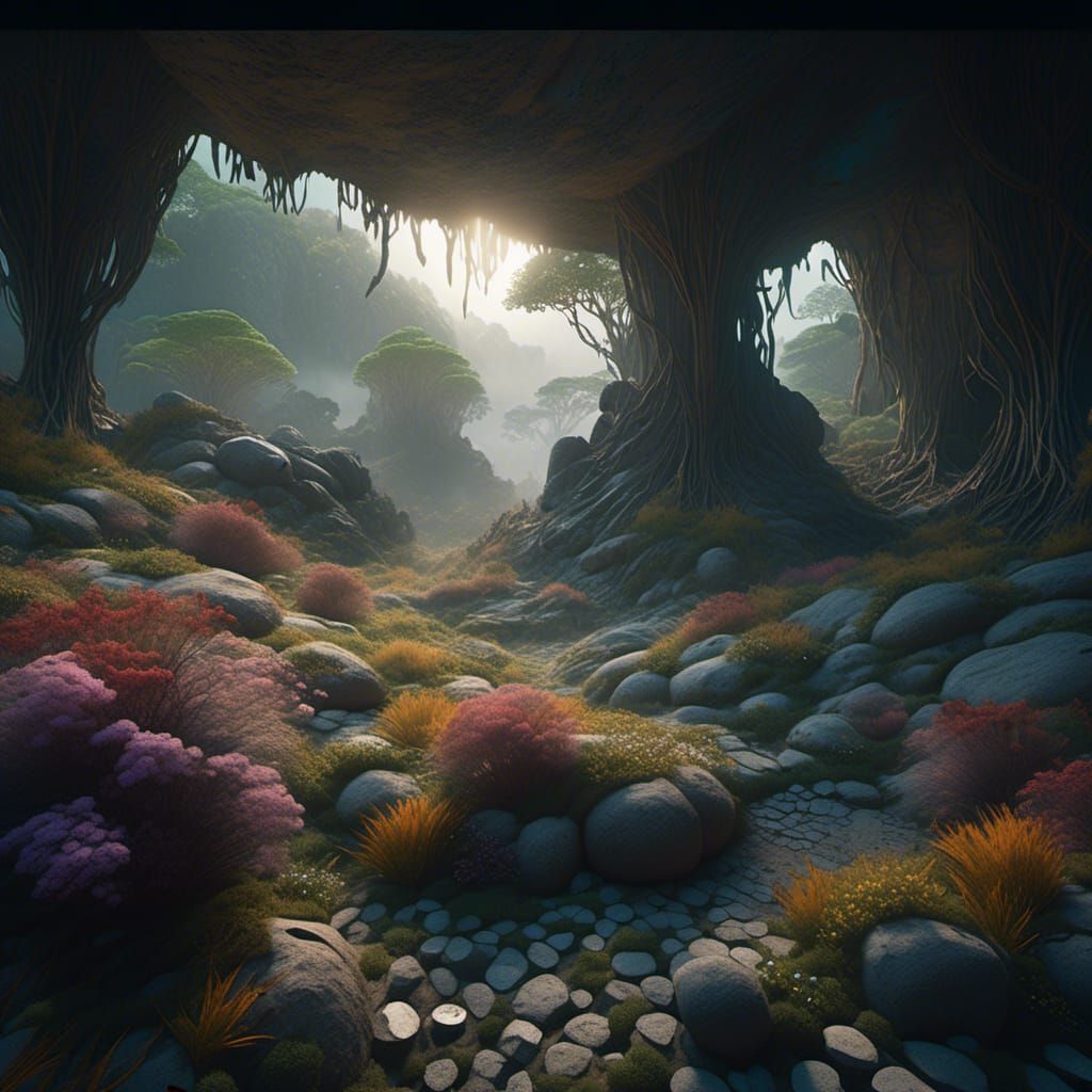 <lora:MakeItPretty:1.0> volumetric fog, mist drifting through tall grass, weeds, small colorful flowers, prehistoric jun...