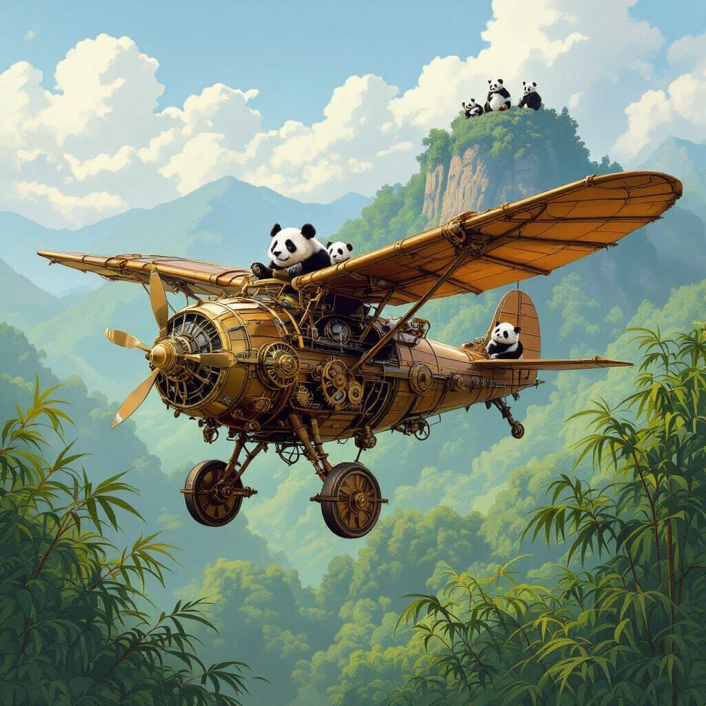 Steampunk Ornithopter Over Bamboo Forest