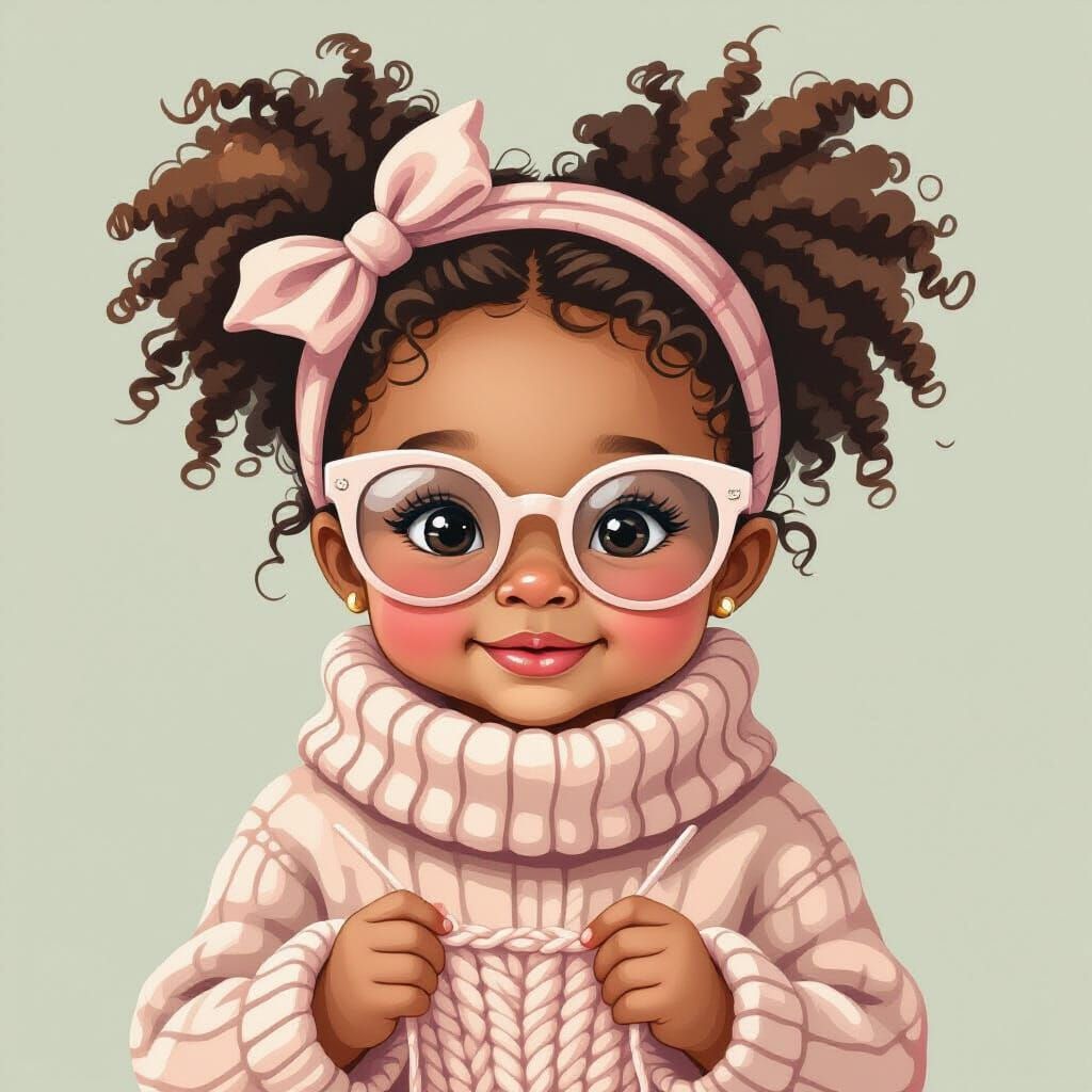 Cute Kid Knitting in Pastel Illustration