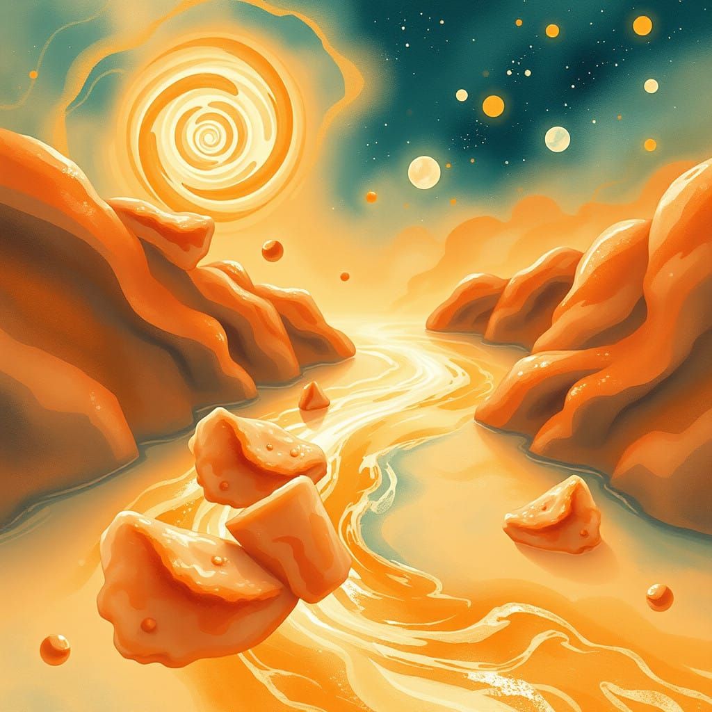 Vibrant Orange River Carries Seasoned Chicken Through Cosmic...