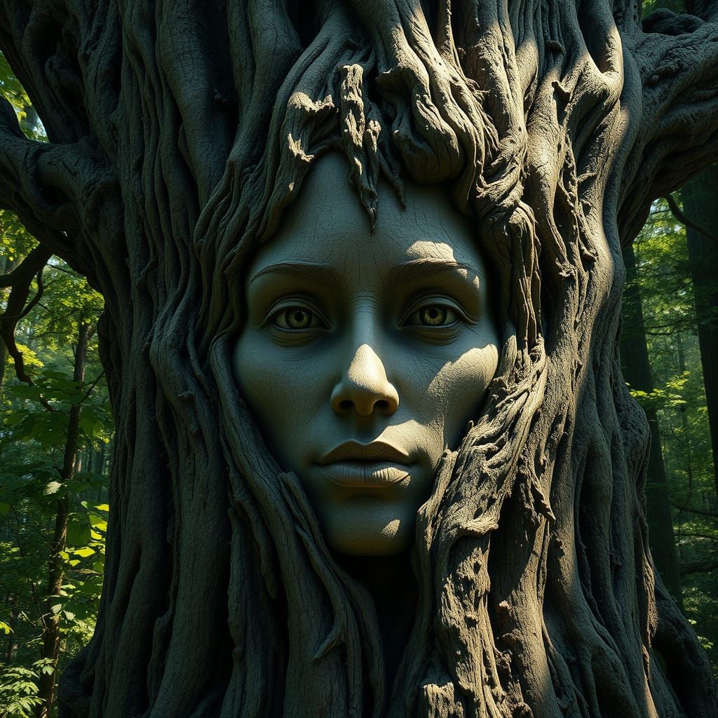 Face Carved From Ancient Tree Trunk in Forest Light