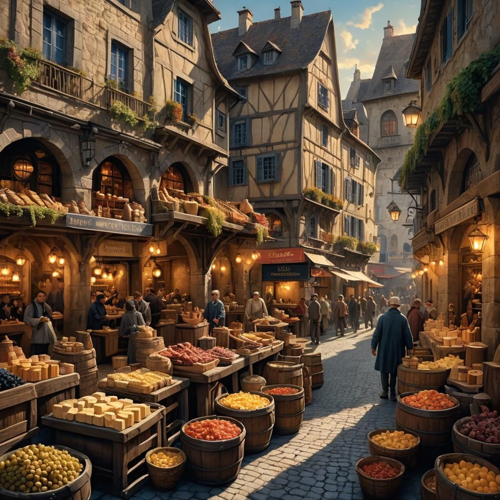 Vibrant French Marketplace in Matte Painting Style