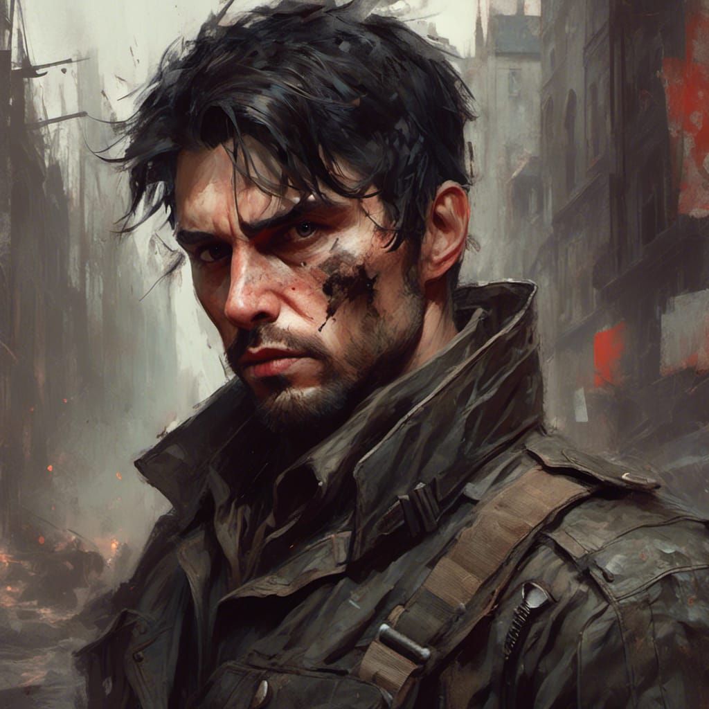 Stern Militia Leader in Damaged City: Hyperdetailed Portrait