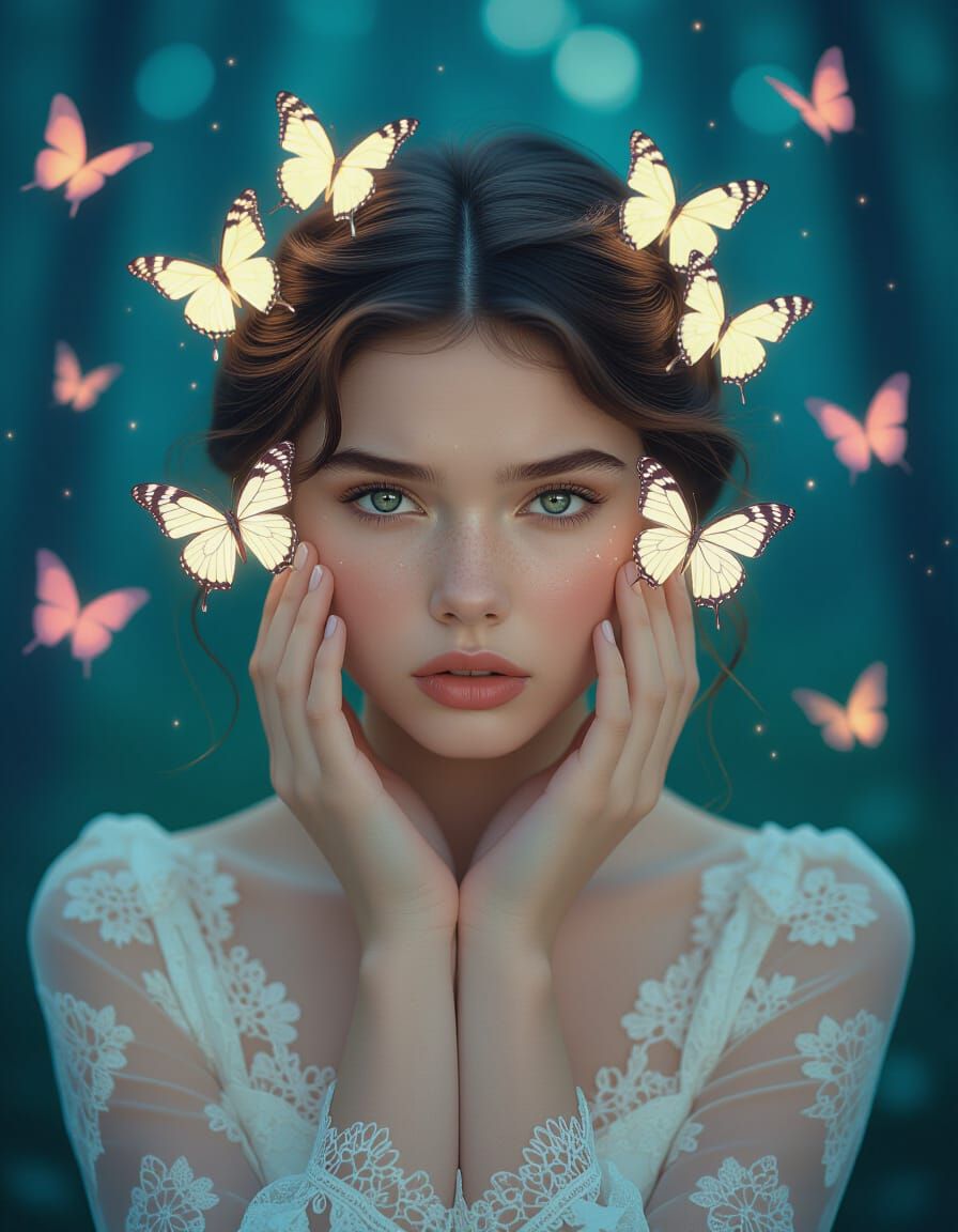 Whimsical Portrait of Woman with Butterflies in Fairycore St...