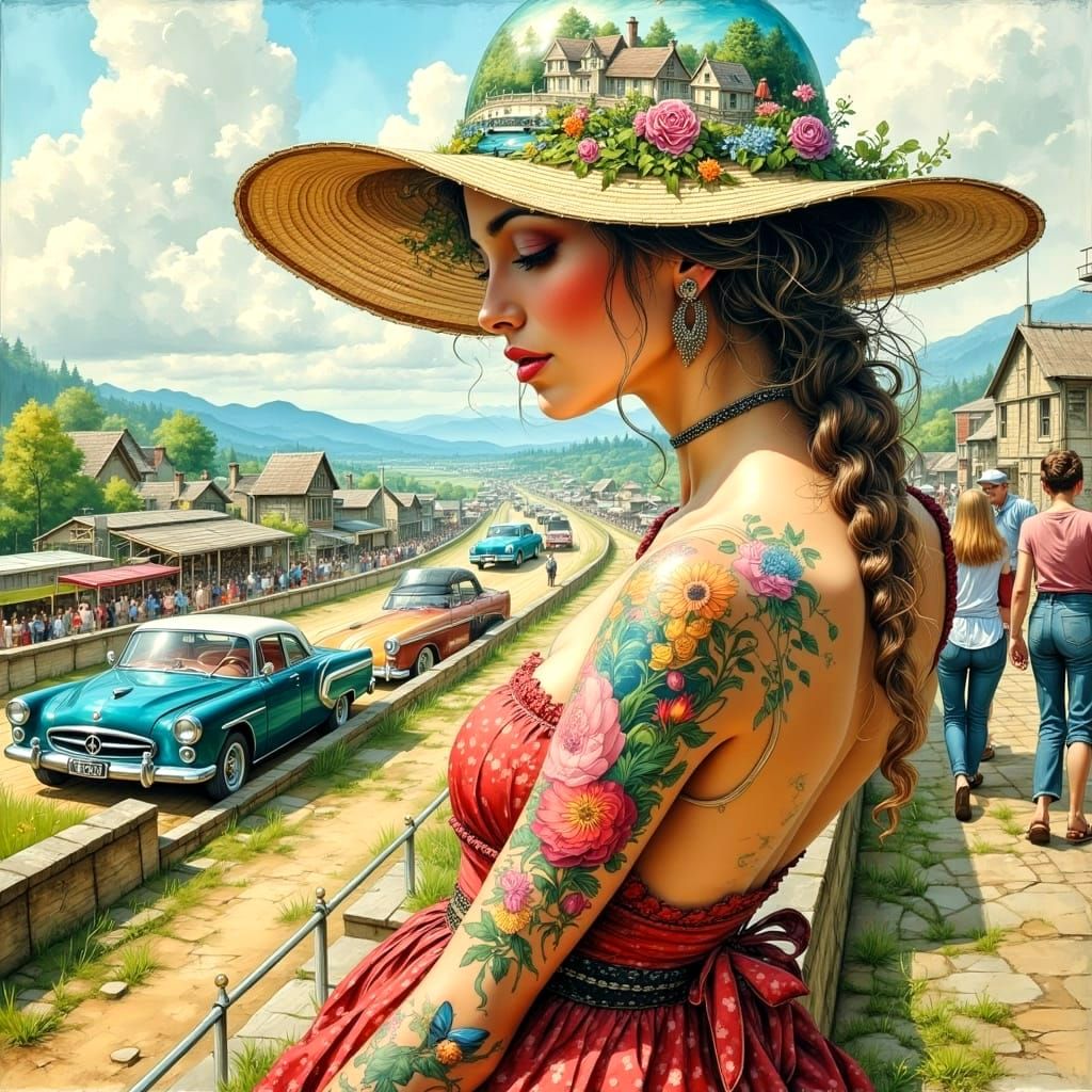 Stylish Lady with Village Hat at Car Race