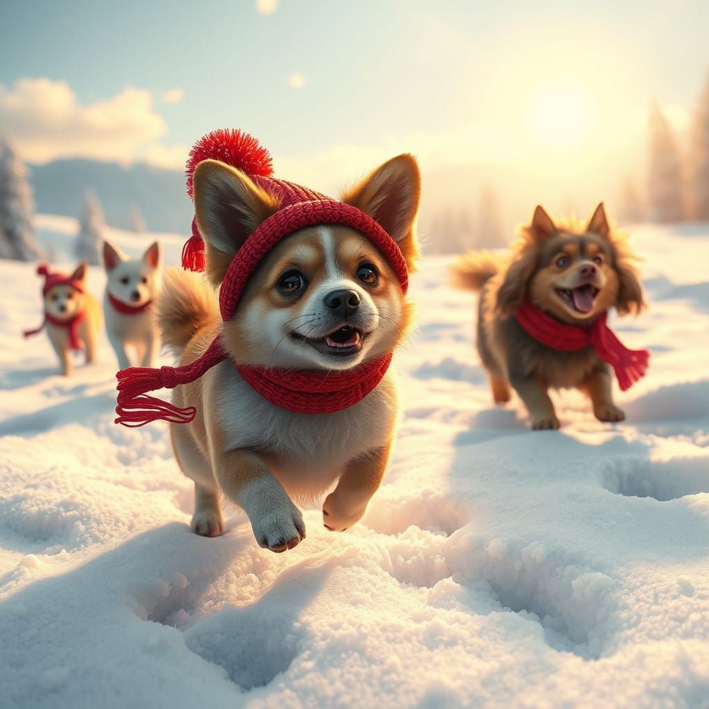 Small Dog Plays in Snowy Landscape with Other Dogs in Bright...