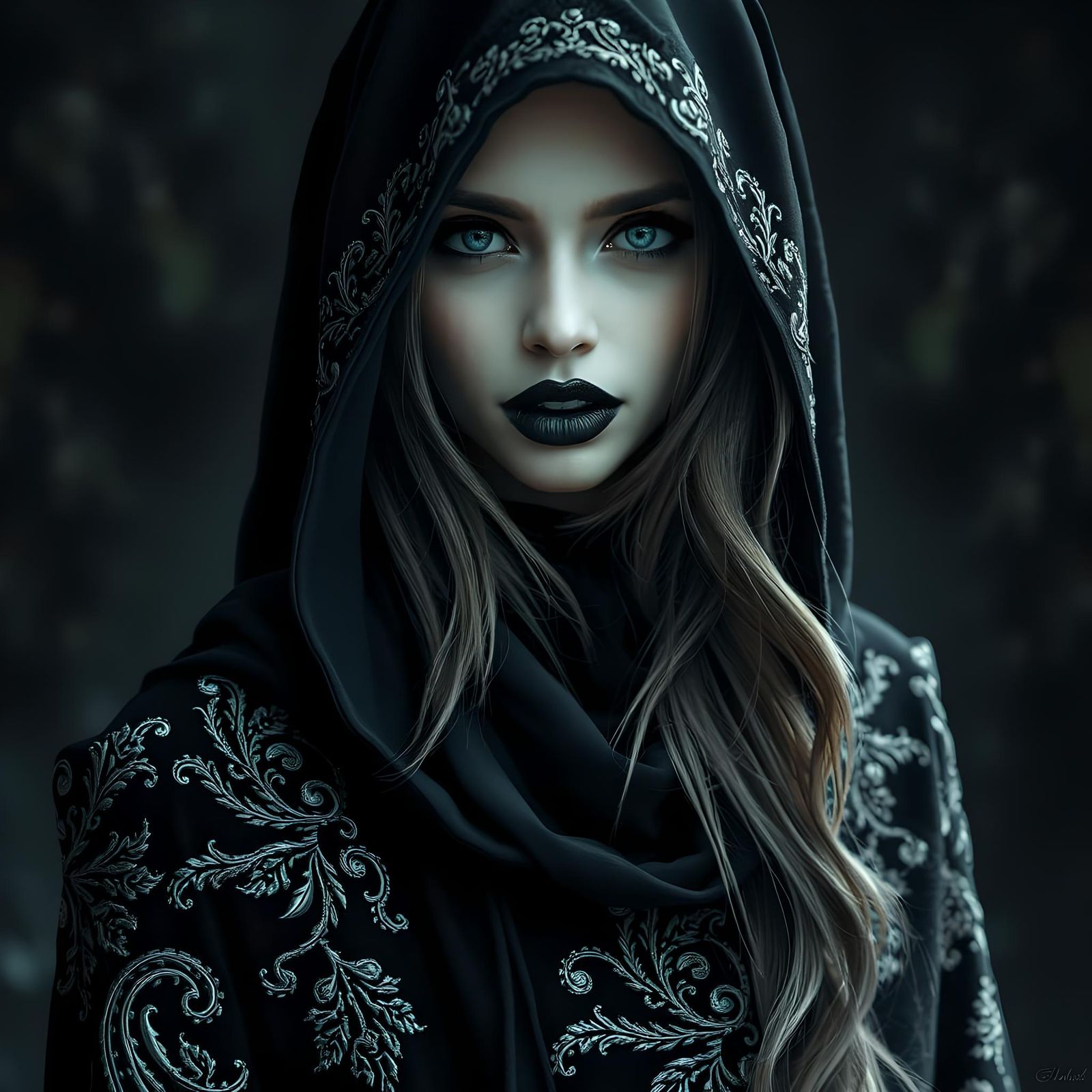 Gothic Woman with Fangs in Dark Garden