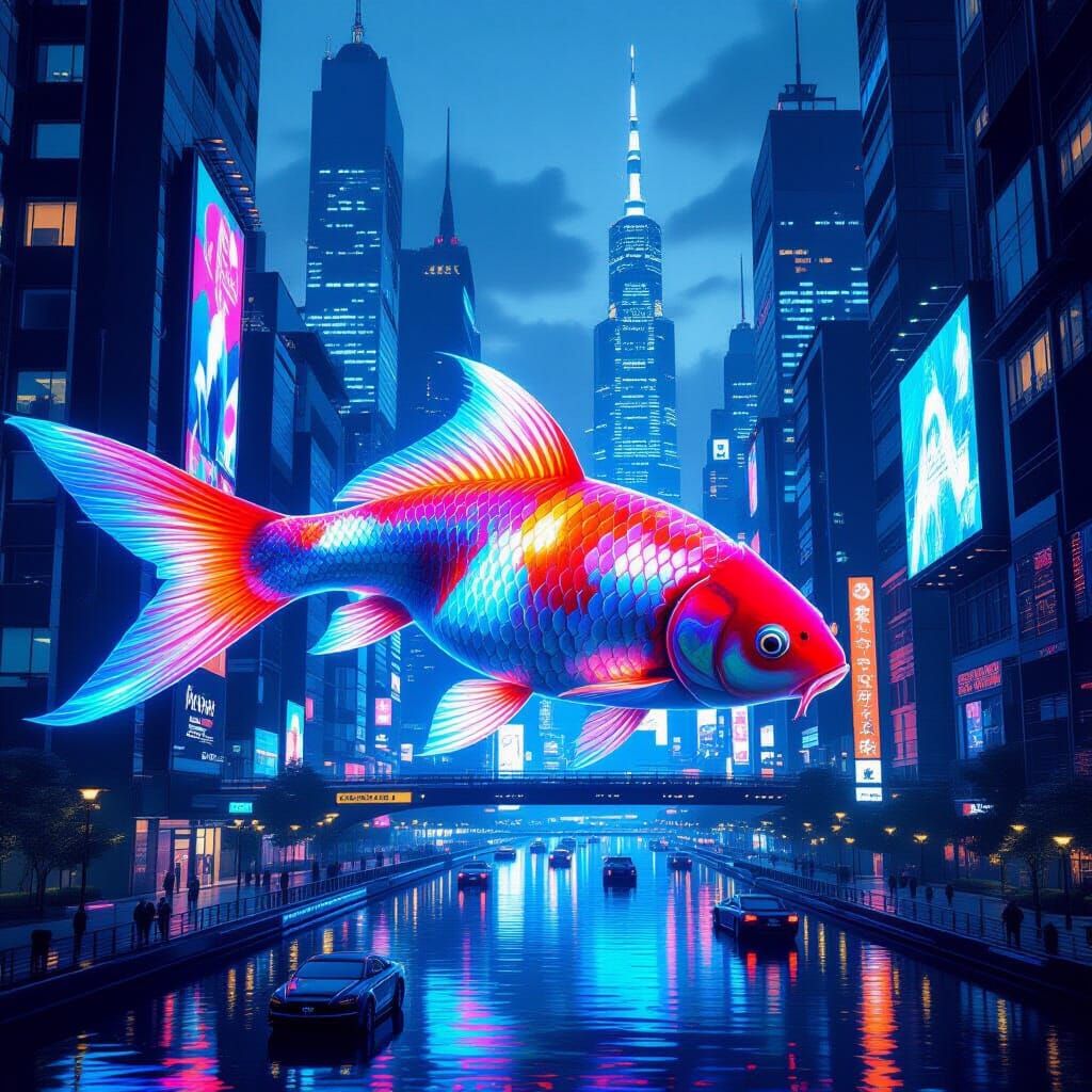 Bioluminescent Koi in Futuristic Cityscape as Digital Art