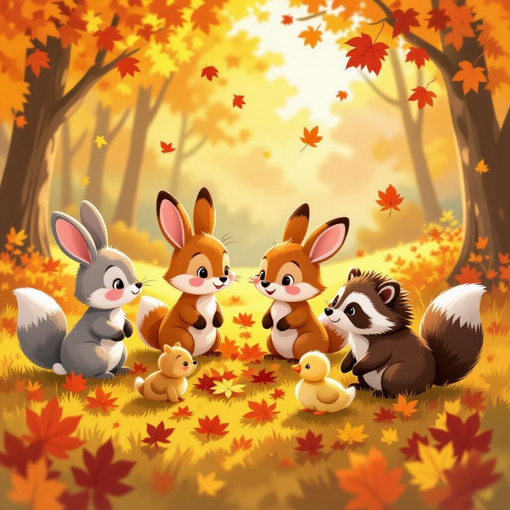 Cute Forest Animals Playing in Autumn Leaves