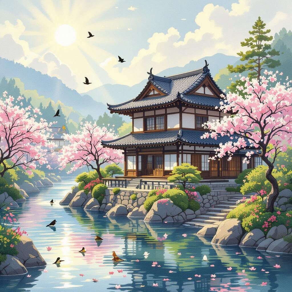 Historical River House with Sakura, in Watercolor Style