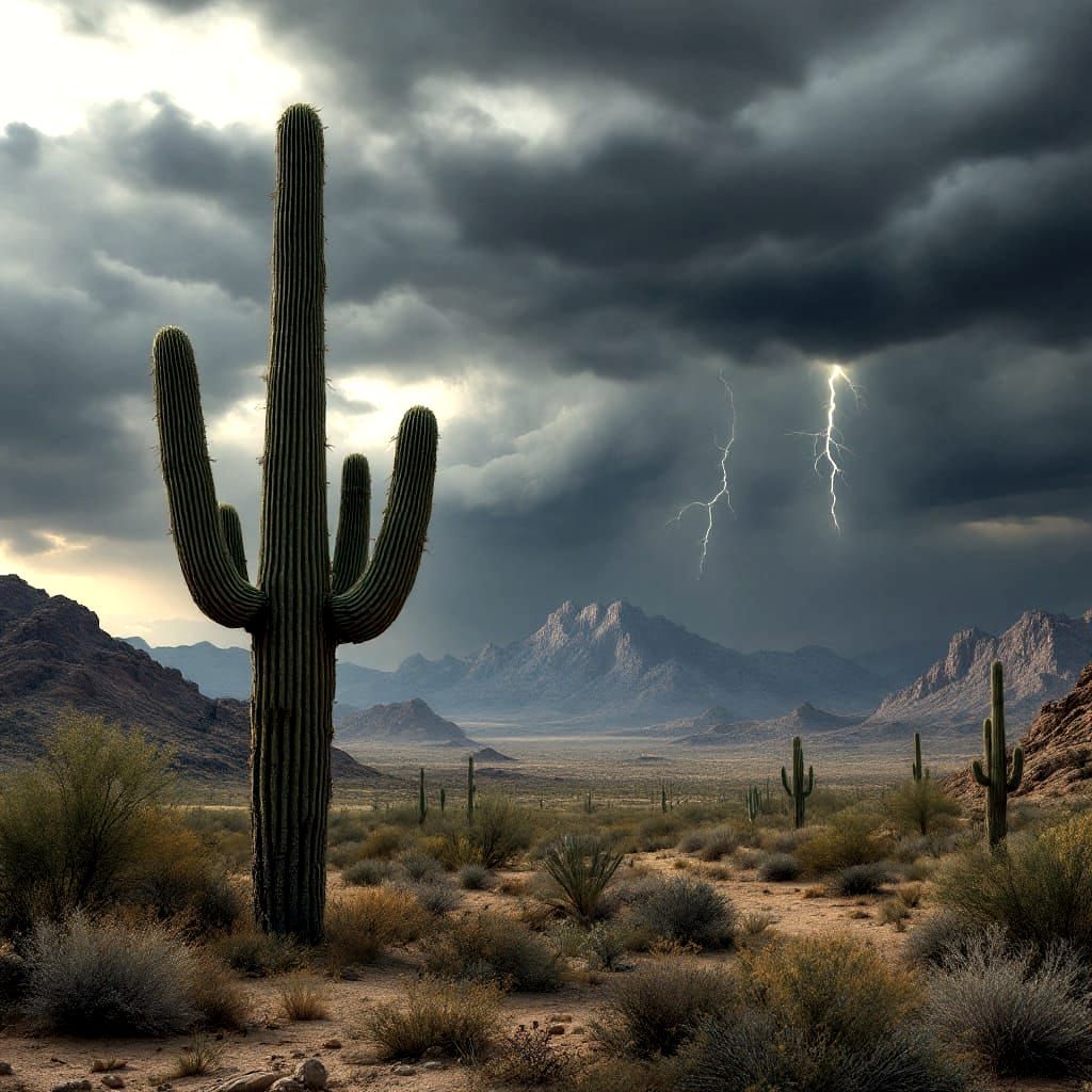 Solitary Saguaro Cactus in Arizona Desert Storm