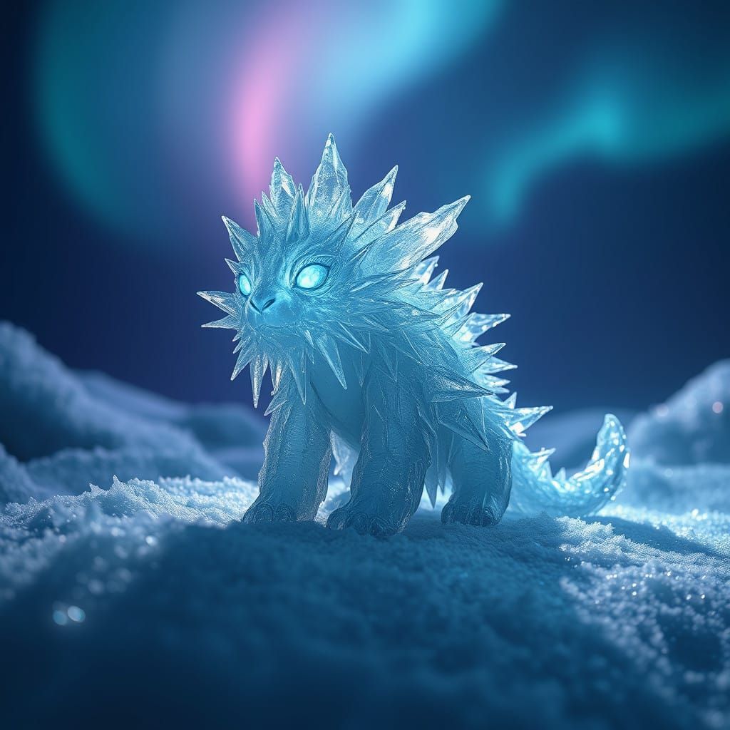 Icy Mythical Creature with Sparkling Icicles and Glowing Eye...