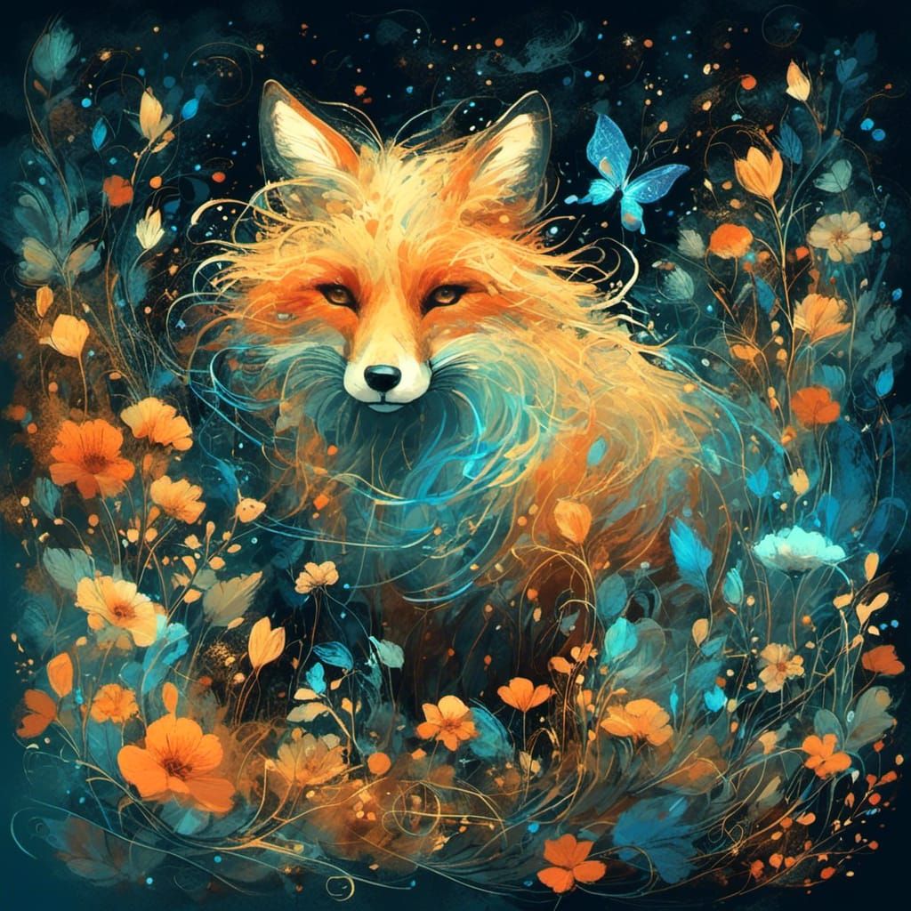 Bioluminescent Fox in Garden with Gold Particles