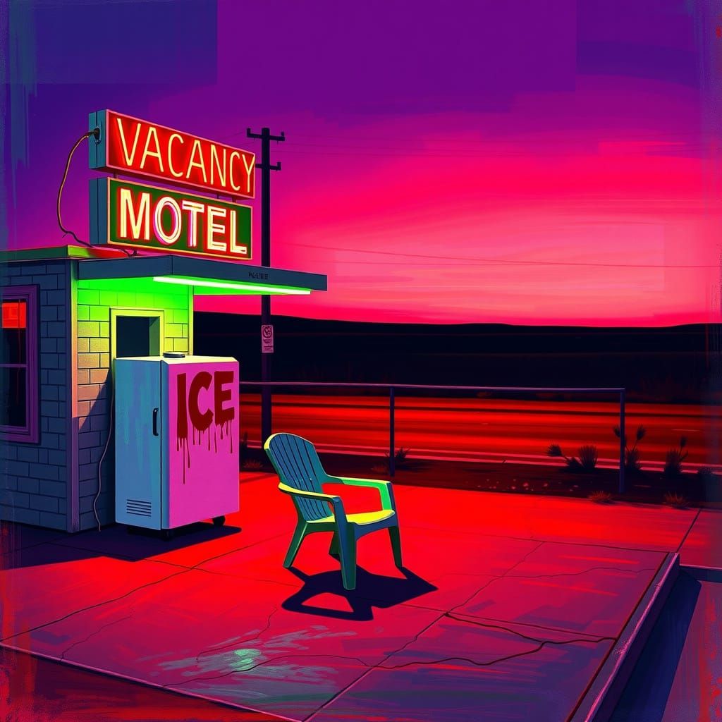 Retro Roadside Motel at Dusk in Vibrant Neon Oil Pastels