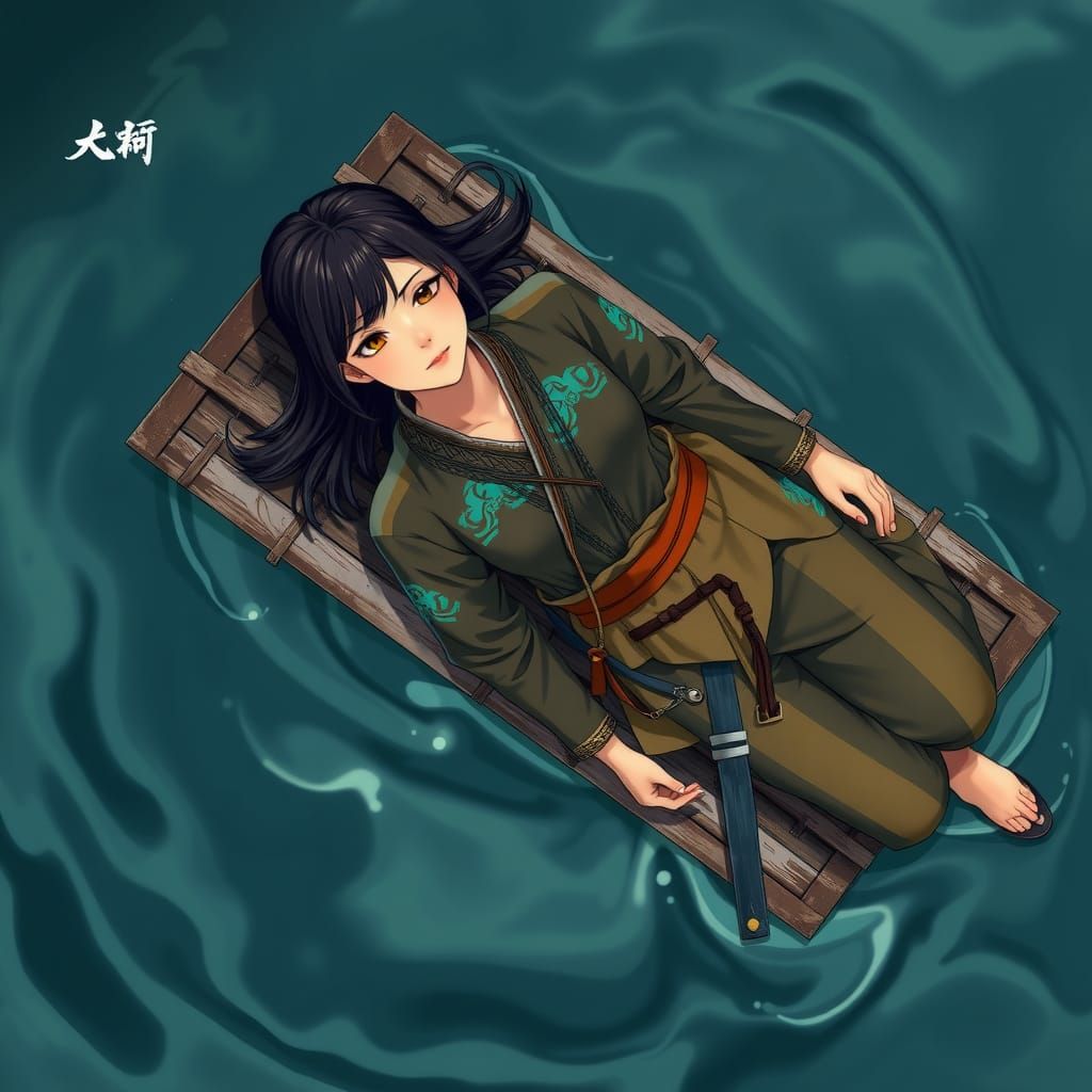 Woman Drifting at Sea in Anime Style