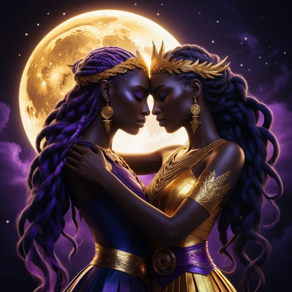 Ethereal Goddesses Embrace in Vibrant, Golden Light