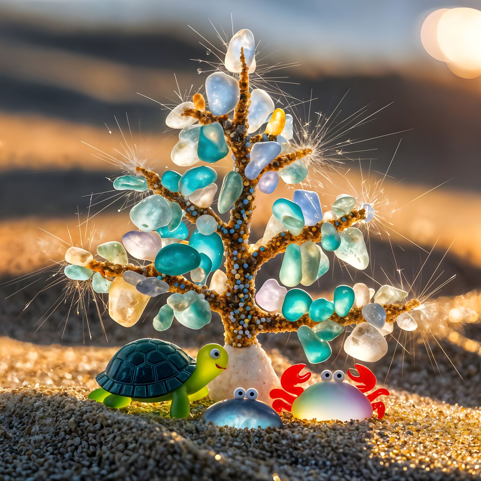 Sea Glass Christmas Tree on Sandy Beach