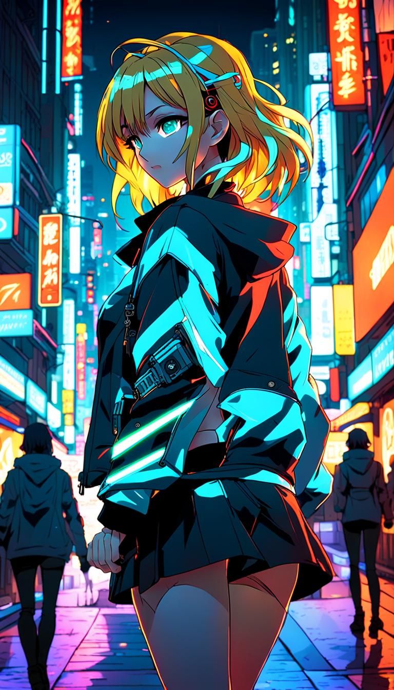 Anime Girl in Cyberpunk Cityscape: Manga Style