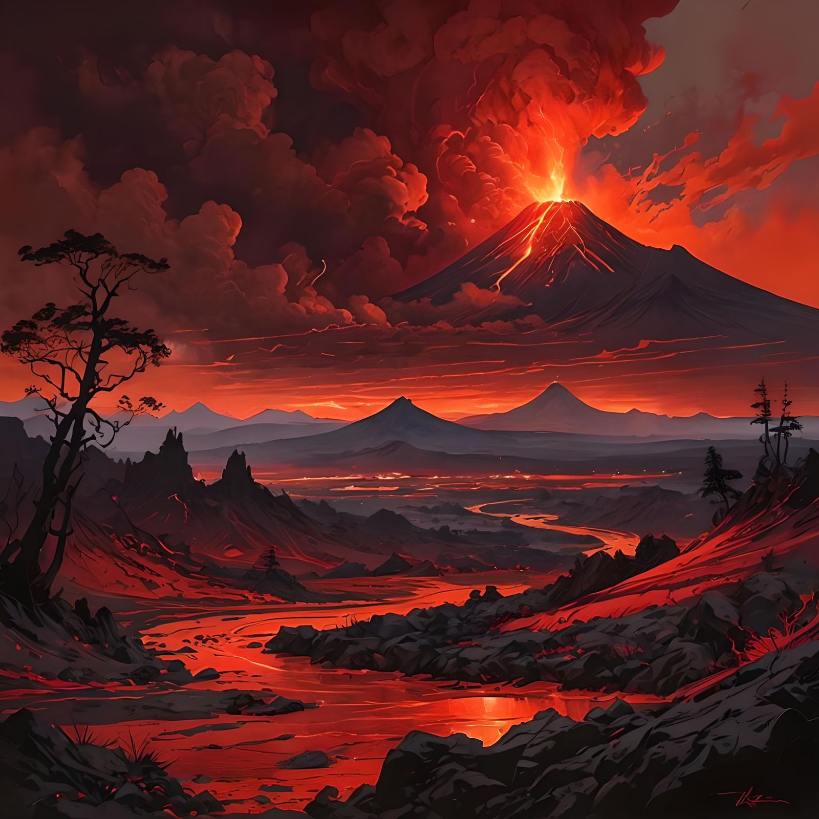 Volcanic Eruption in Monochromatic Red, Dramatic Landscape