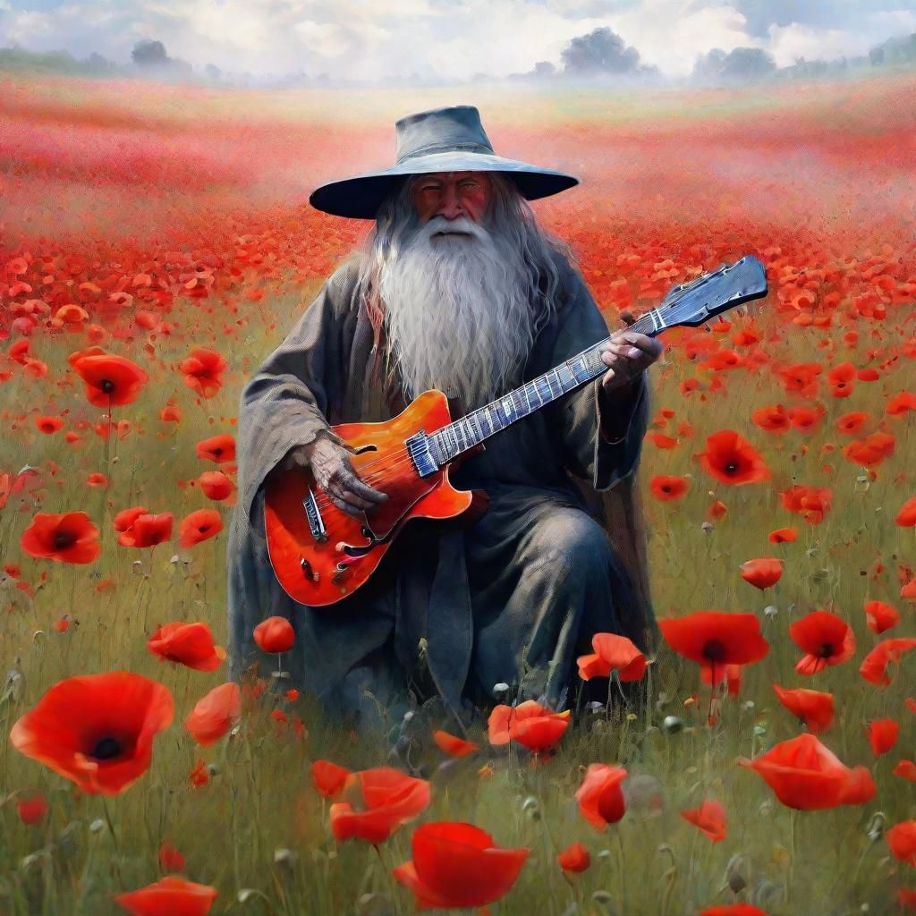Gandalf playing guitar in Poppy flower field
