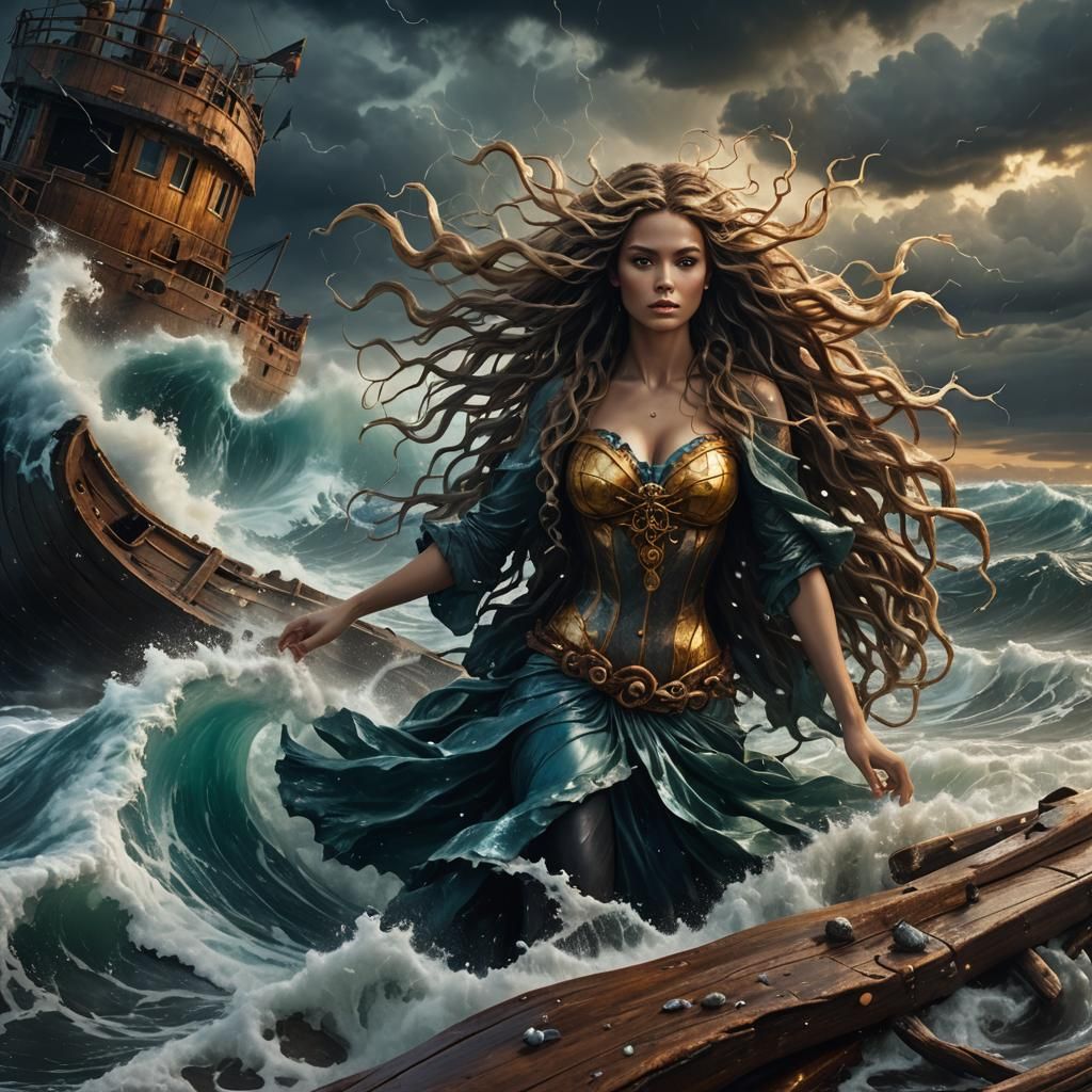 Siren Emerges from Shipwreck in Surrealist Style
