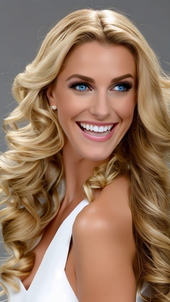 Smiling Blonde Woman on Beach in Flowing White Dress