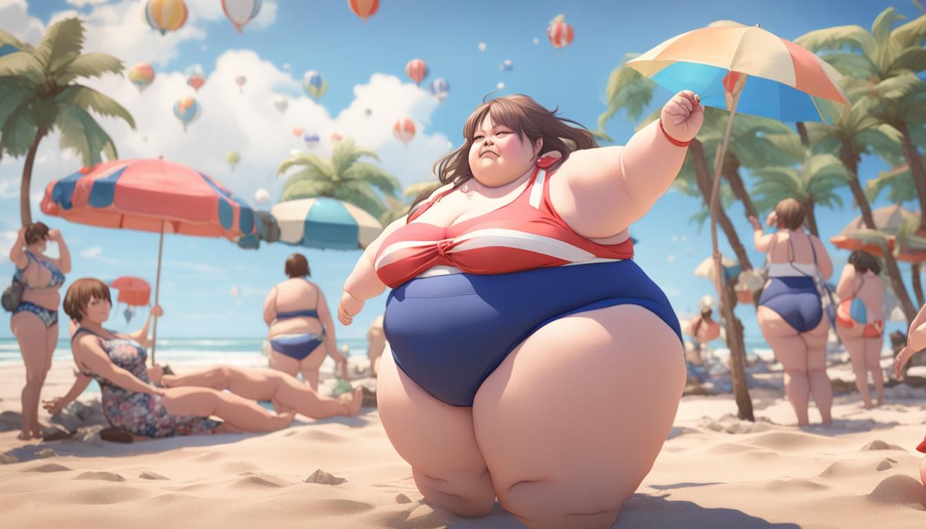 Plus-Size Woman at Beach in Anime Style