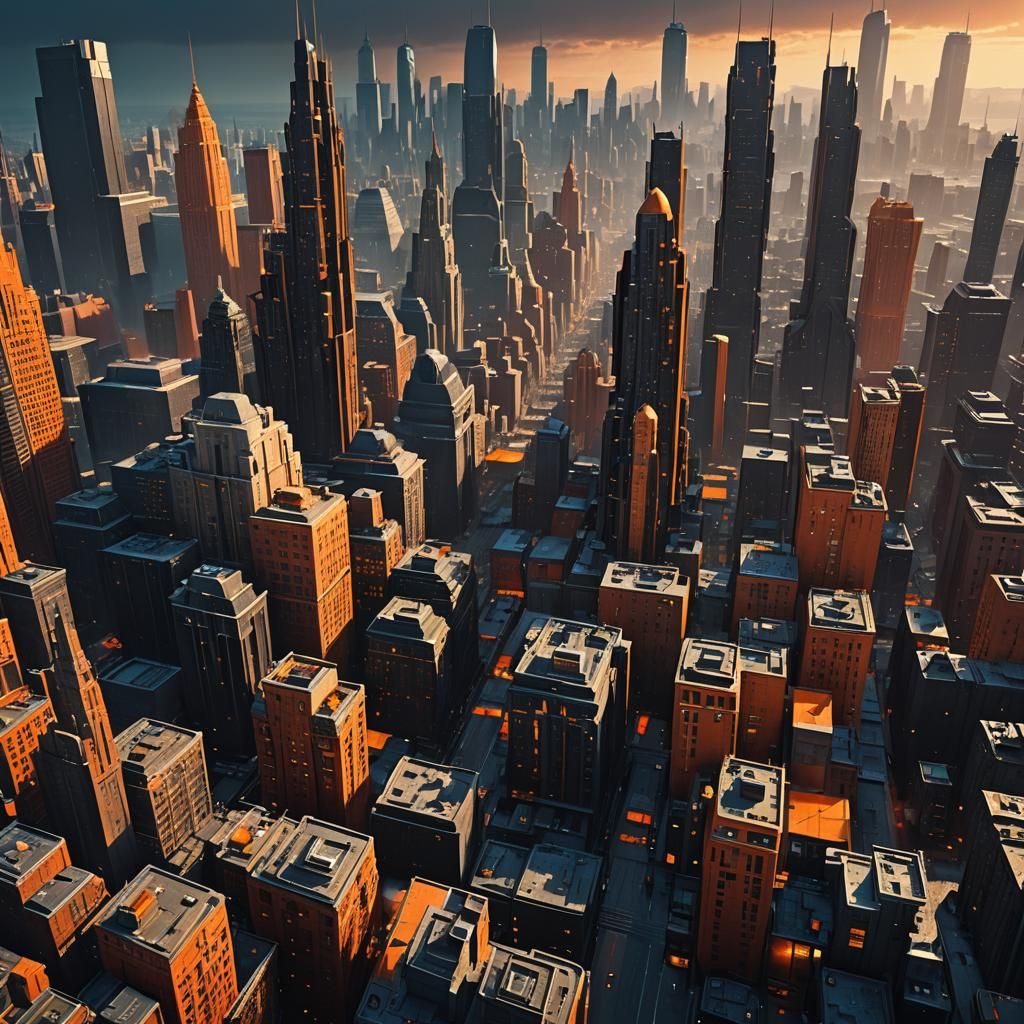 Cinematic Lowry-esque Metropolis in Orange and Black