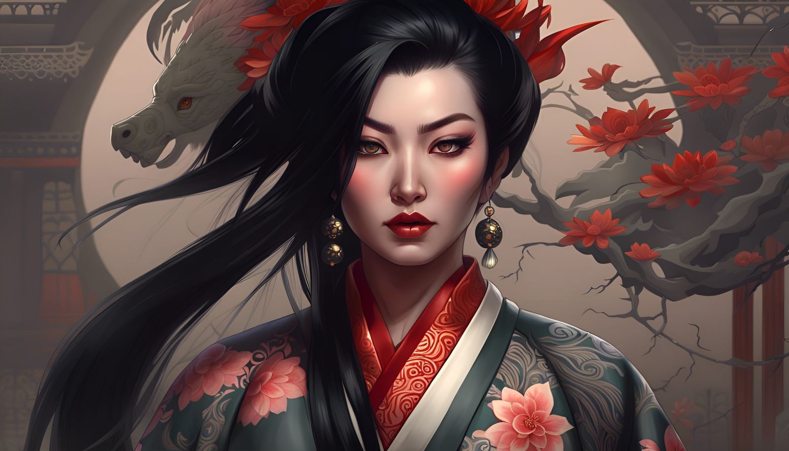 Tattooed Chinese Woman Portrait in Digital Painting Style