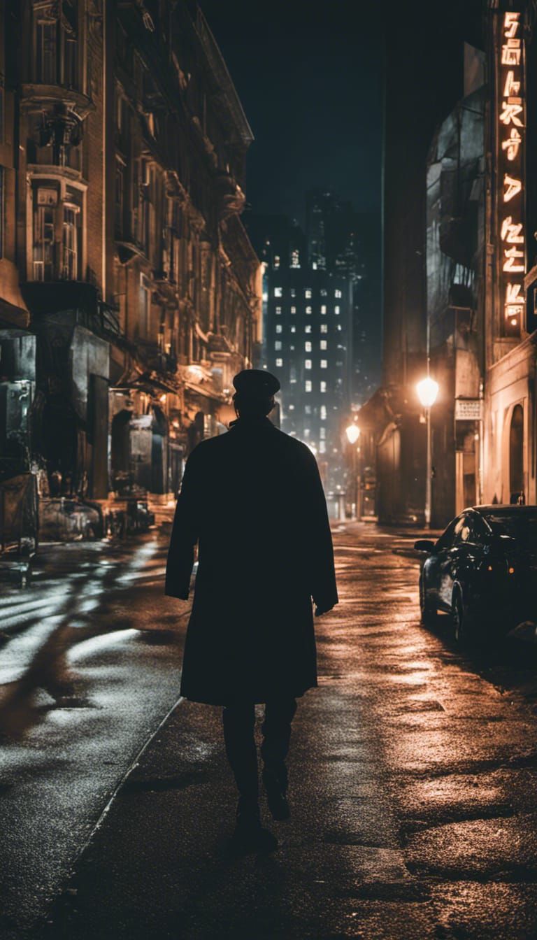 Night Wanderer: Mysterious Man in Cityscape