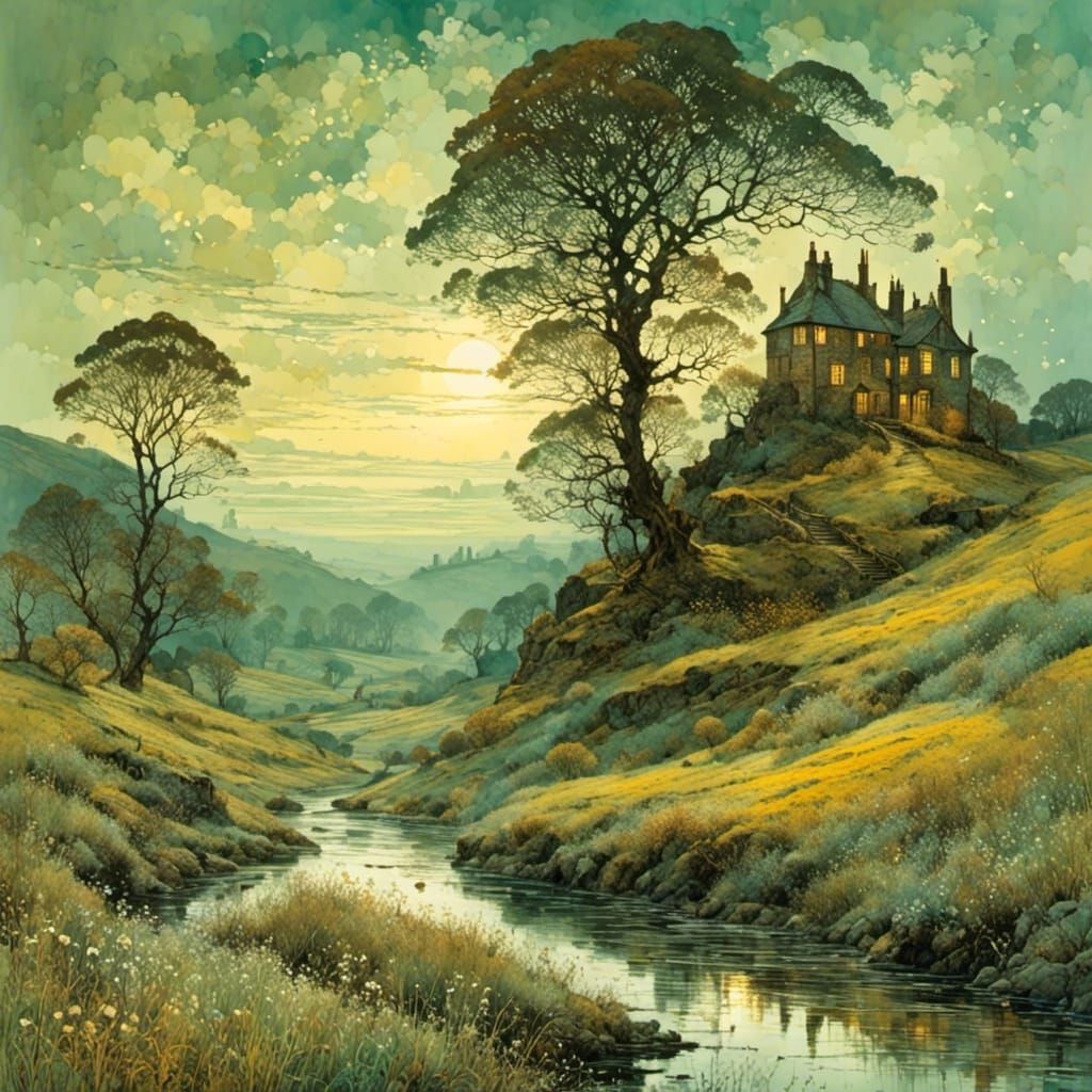 River Valley Landscape in Tonalist and Impressionist Styles