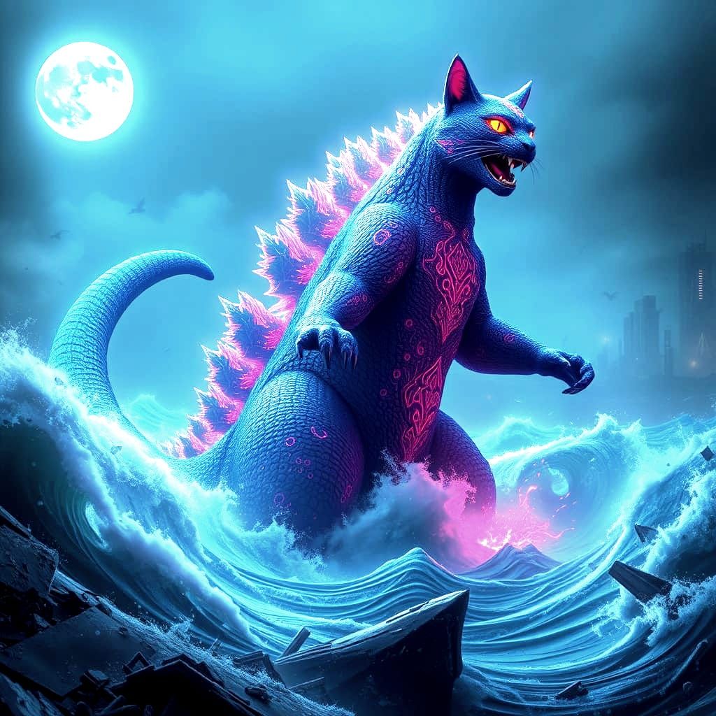 Cat Godzilla in a Fantastical, Detailed Matte Painting