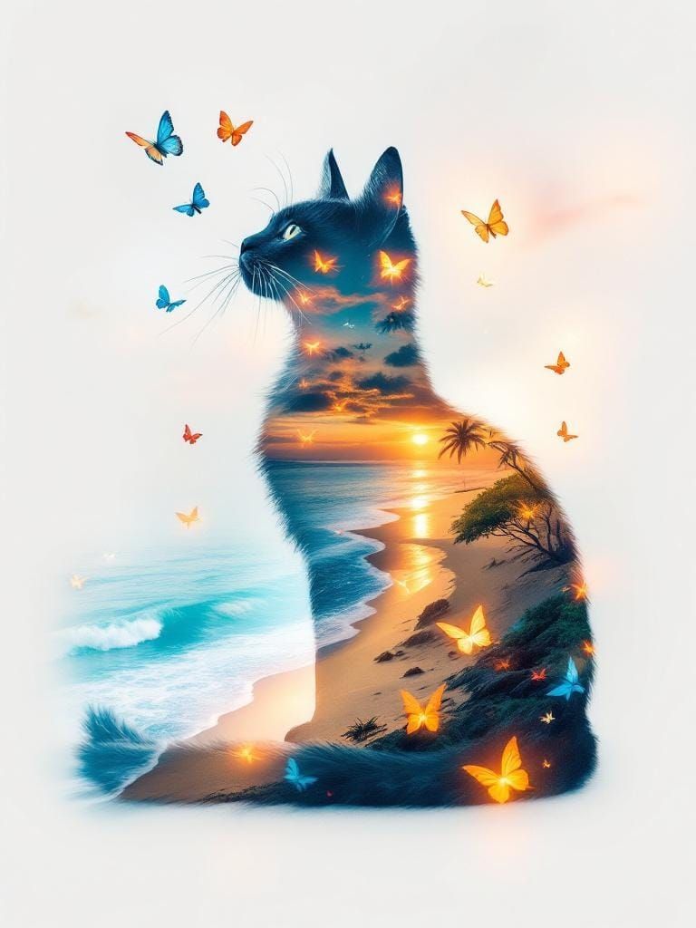 Cat Silhouette Double Exposure with Beach Scene