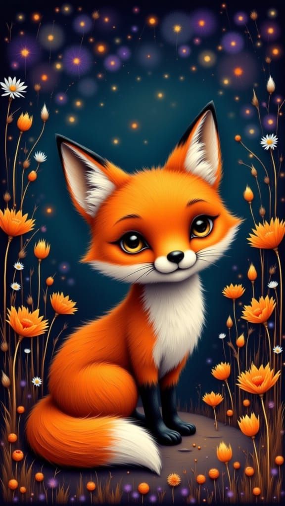 Whimsical Fox in Twilight Wildflower Field
