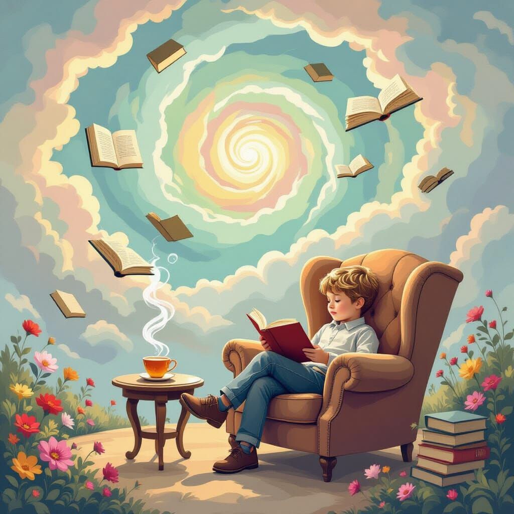 Cozy Surreal Reading Nook with Floating Books