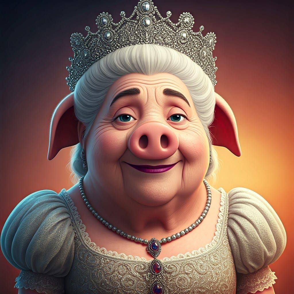 Regal Pig Queen in Pixar-Style 3D Rendering