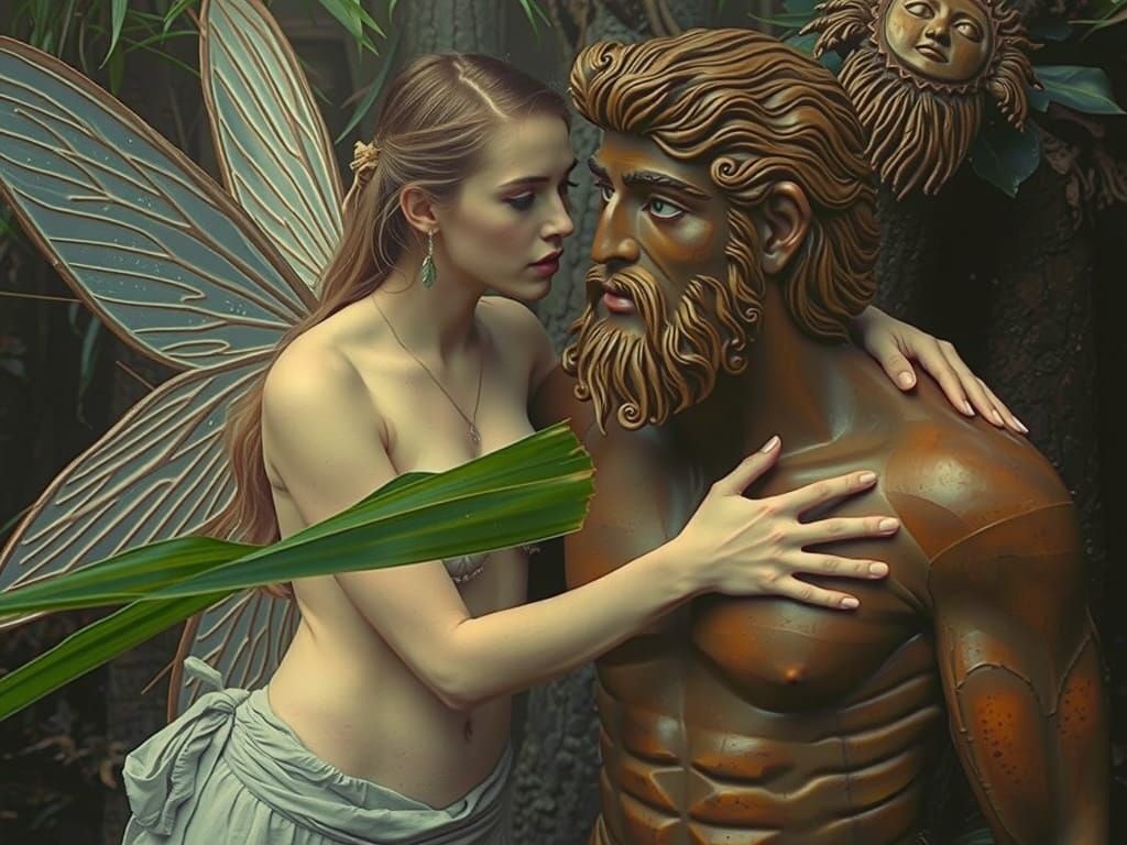 Ethereal Fairy by Wooden Statue in Forest