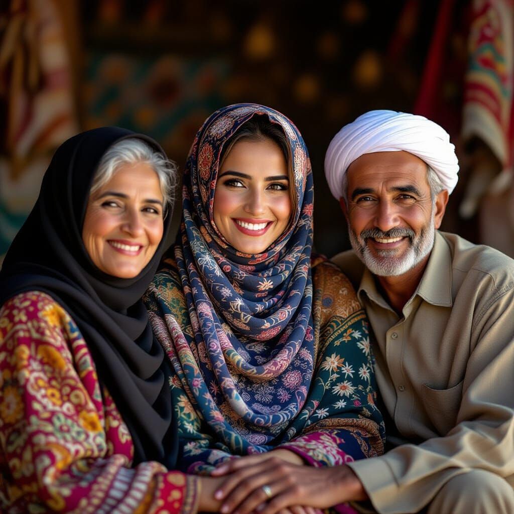 Woman in Burka with Family, Vibrant Portrait