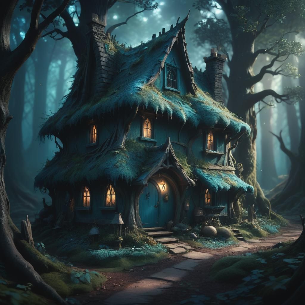 Mystical Witch Cottage in Dark Forest, Matte Painting
