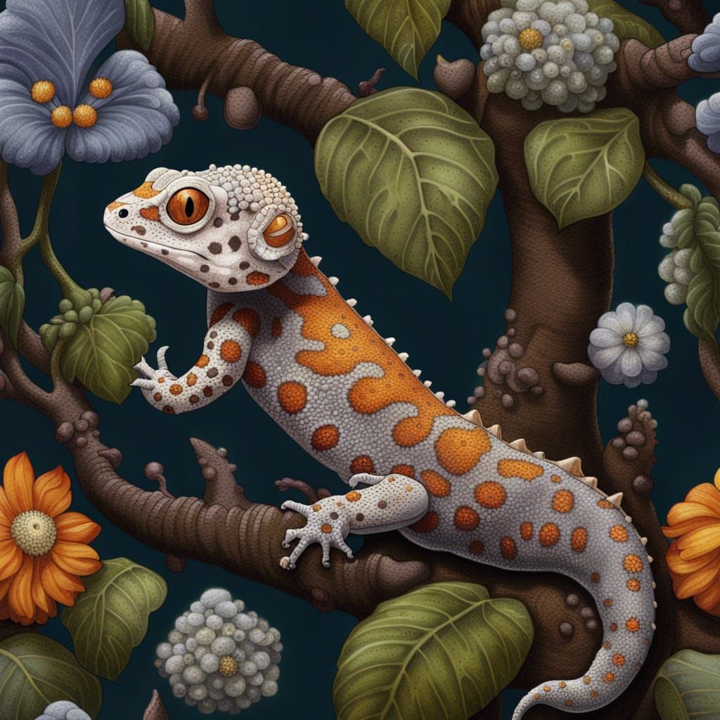 Tokay Gecko Botanical Illustration in Impressionistic Style