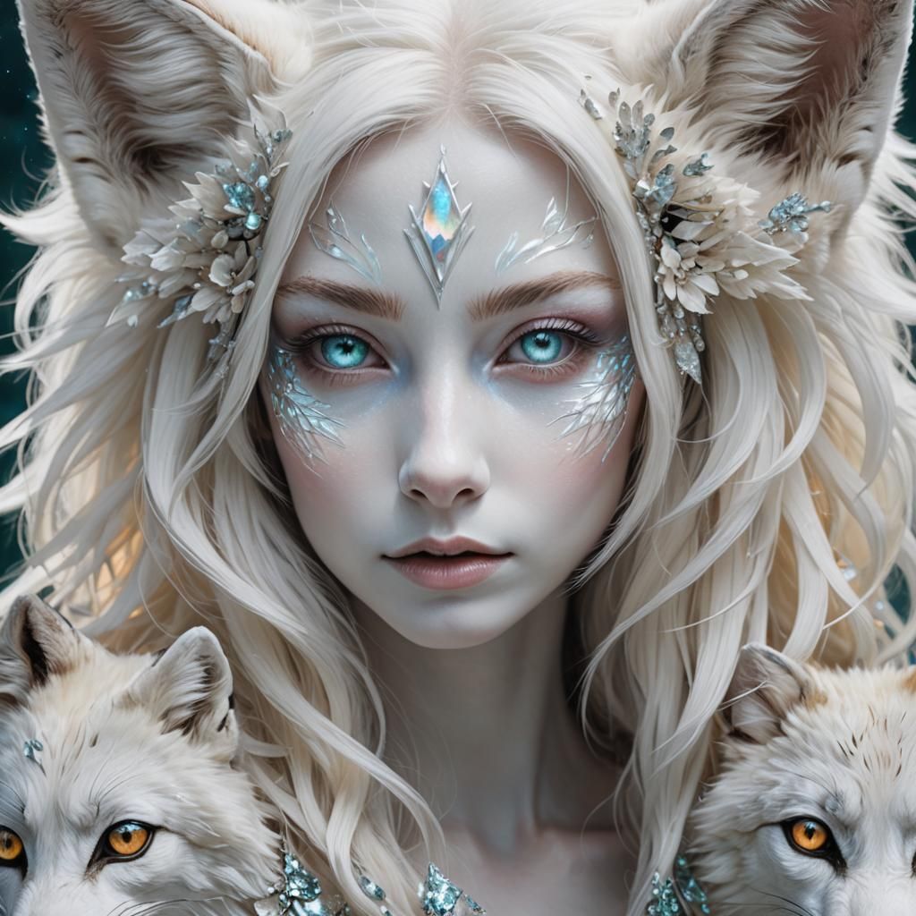 Woman Transforms into White Fox with Iridescent Eyes